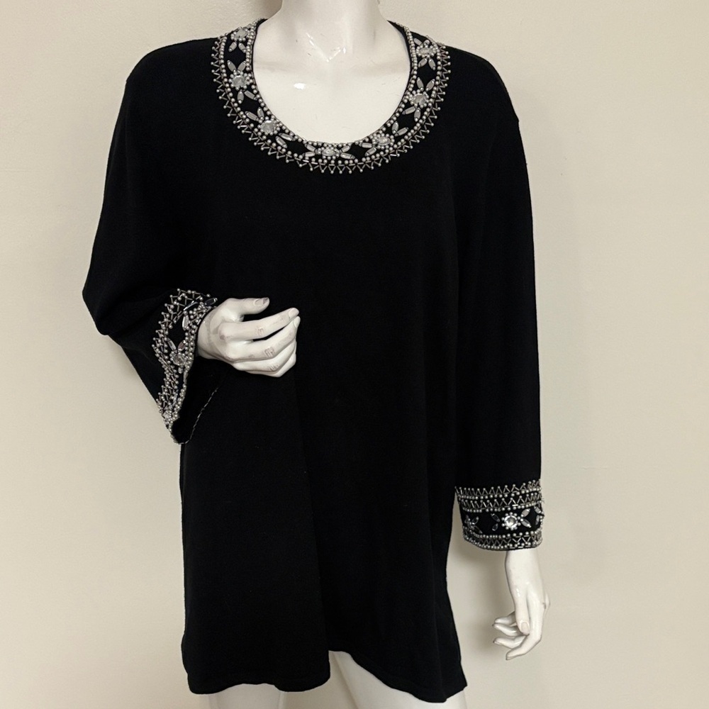 Vintage Bob Mackie Wearable Art Black Long Sleeve Top w Silver Embellishments